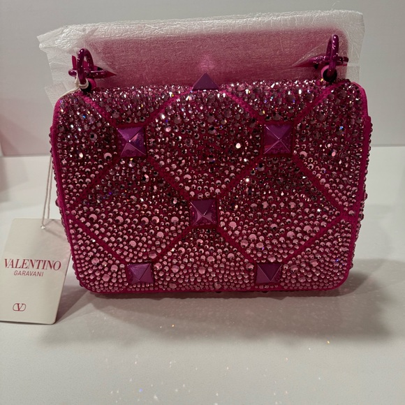 NWT/NWB Valentino Garavani Roman Stud Crystal-Embellished Shoulder Bag - PP Pink - Picture 12 of 17